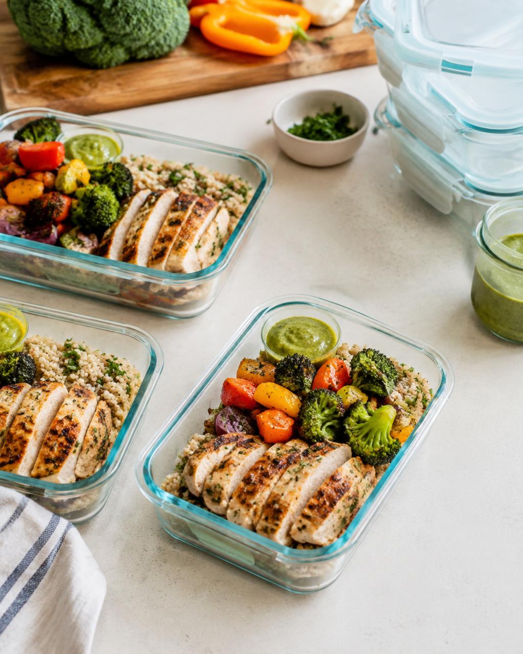 Batch cooked meals portioned into glass containers