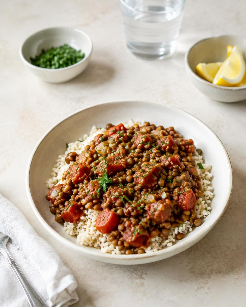 Budget lentil dish with couscous and lemon