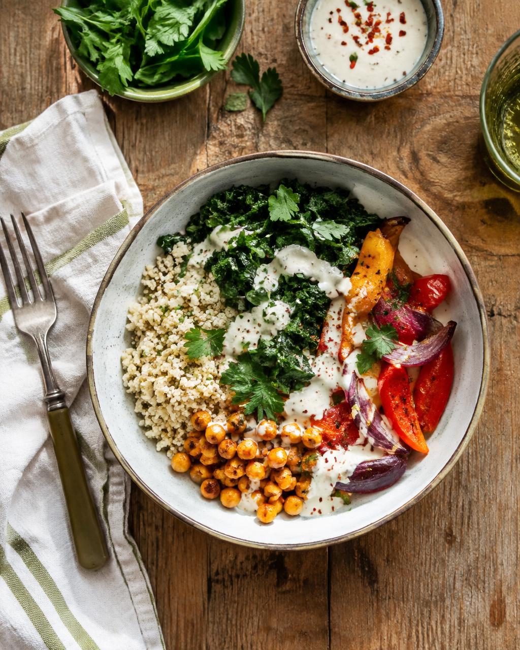 Everyday grain bowl with roasted vegetables and herbs