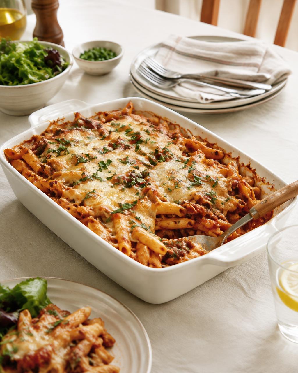 Family sized pasta bake on a laid table