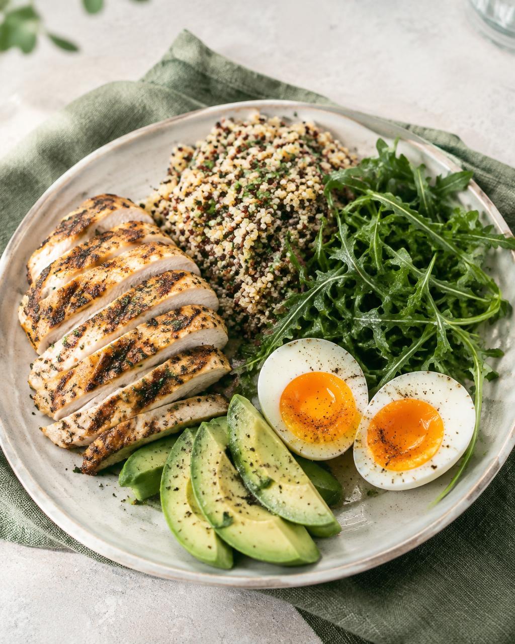 Grilled chicken with quinoa, rocket and eggs