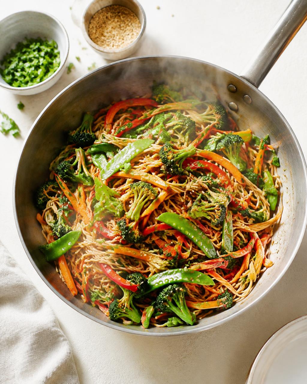 Quick vegetable noodle stir fry in a pan
