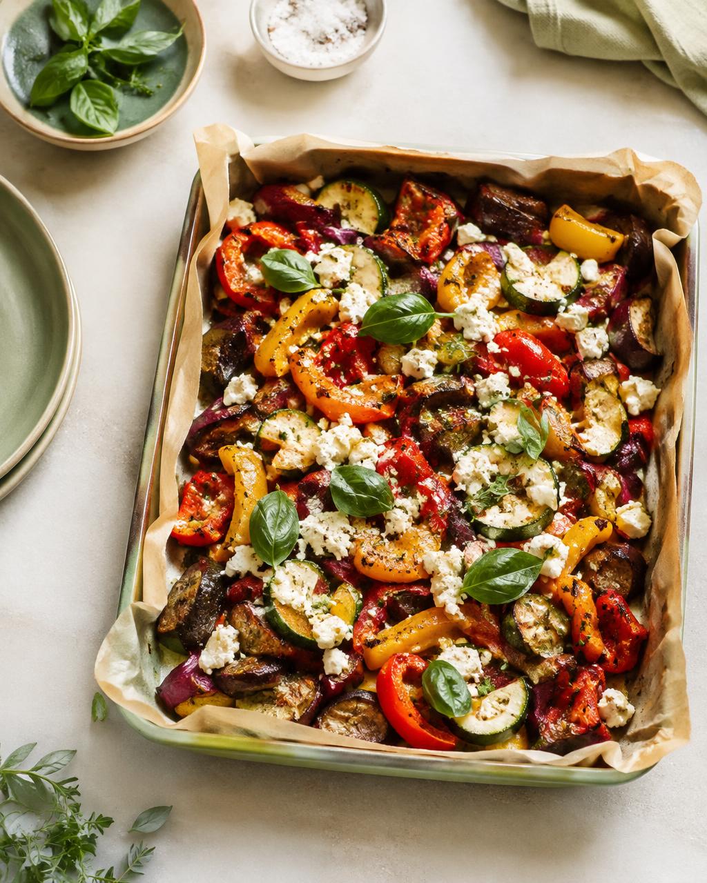 Roasted vegetable traybake with feta and basil