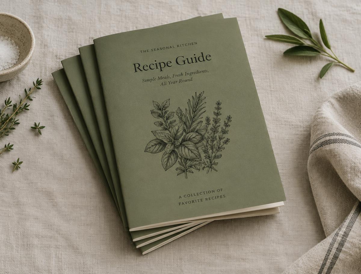 A stack of olive green recipe guide booklets on linen